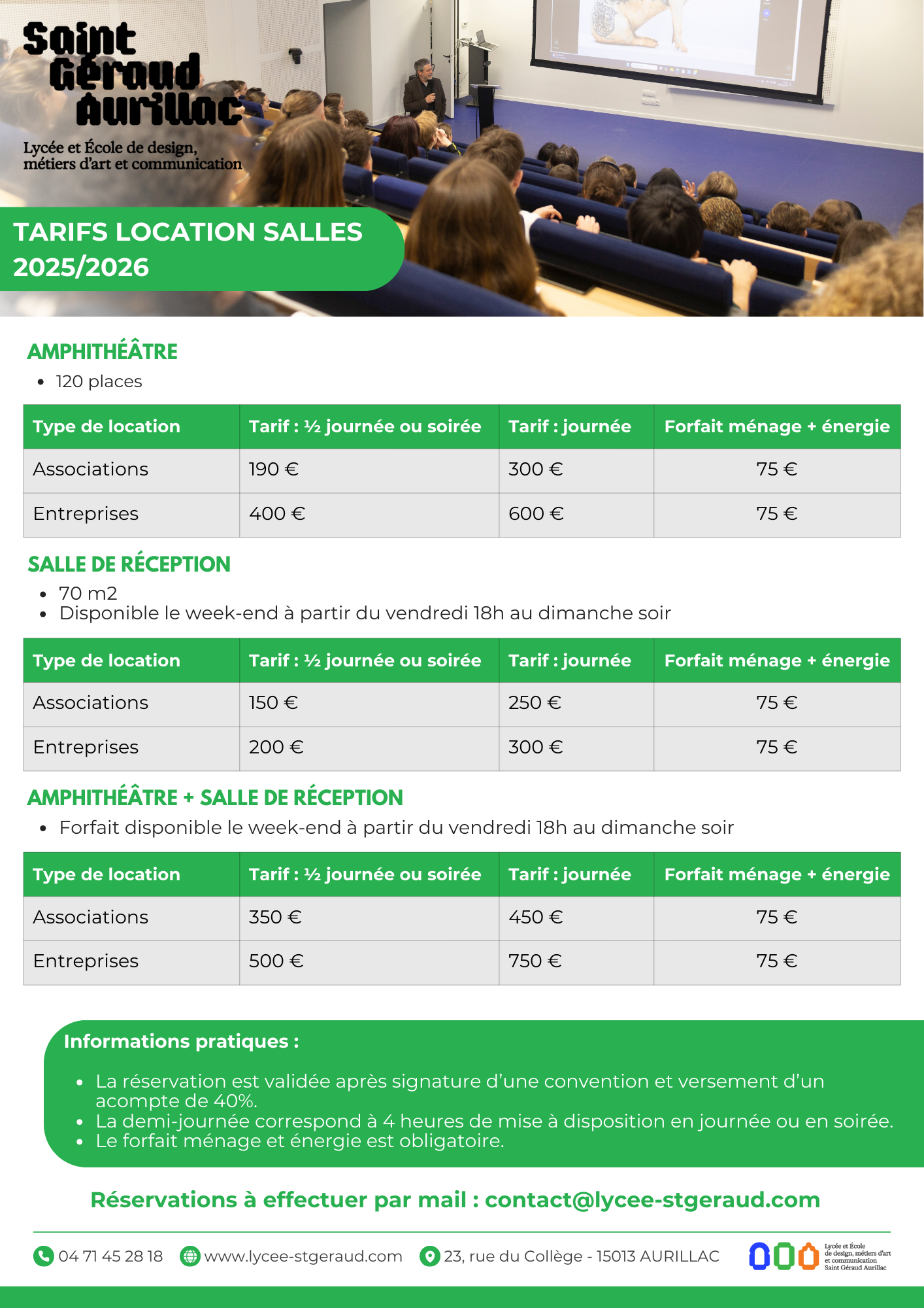 Tarifs location des salles du Lycée Saint-Géraud Aurillac - 2025 2026